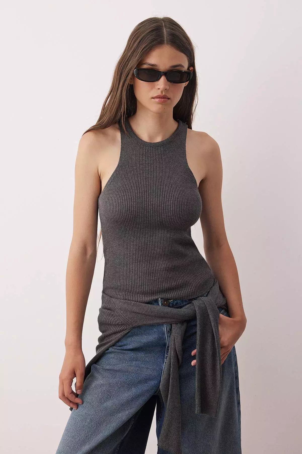 Anthracite V-Neck Mercerized Look Knitwear Cardigan-Blouse Set