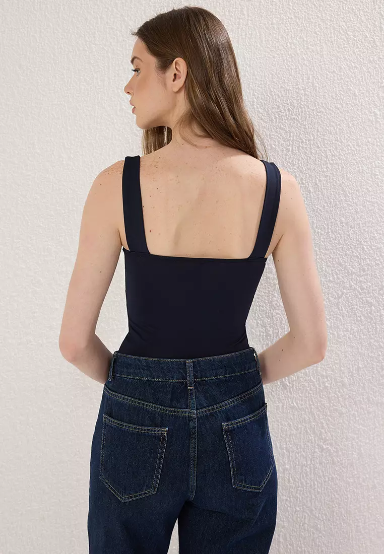 Navy Blue Fitted/Fits on the Body with Back Detail Square Neck Snap Elastic Knitted Bodysuit TWOSS24BD00026