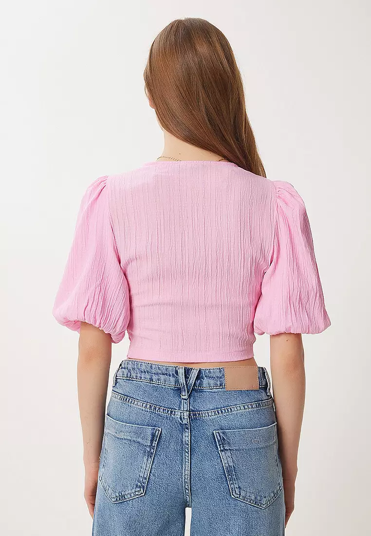 Balloon Sleeve Crop Woven Blouse