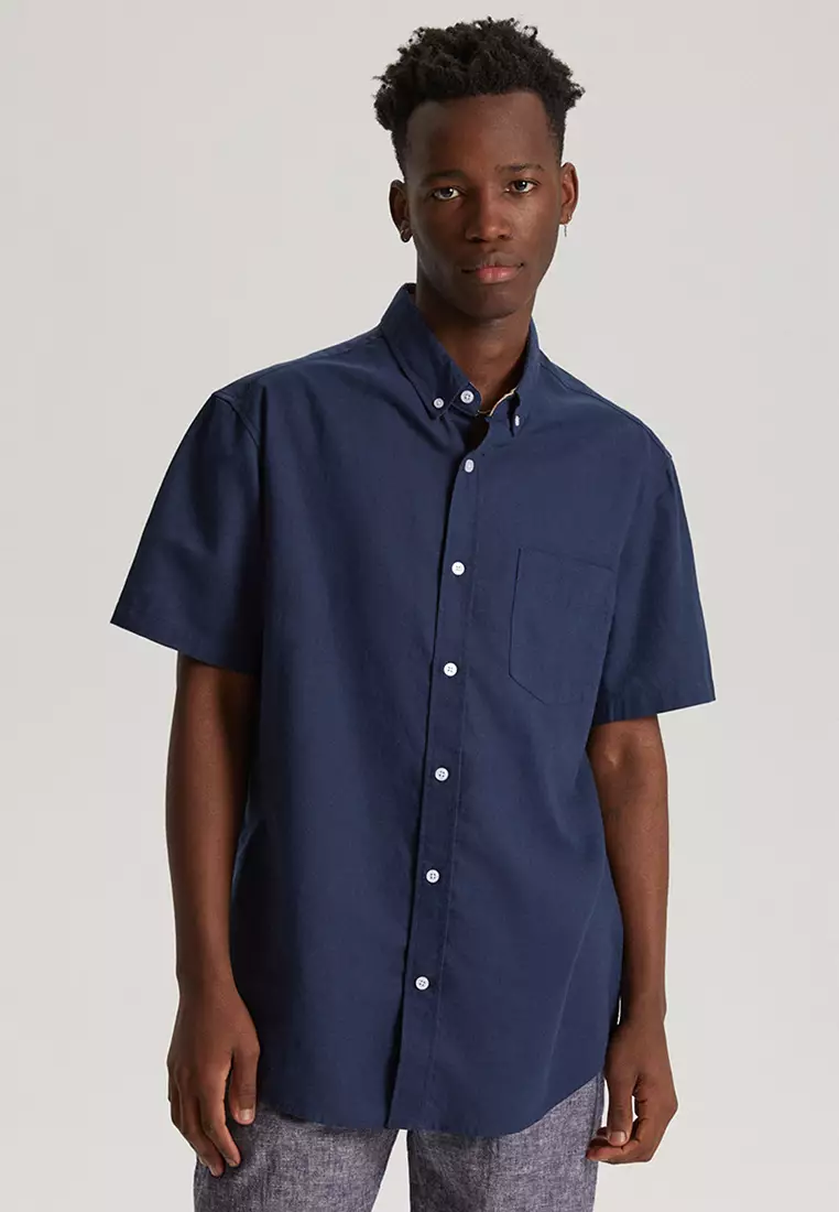 Buy DIVERSE Basic Short Sleeves Linen Shirt in Navy 2024 Online