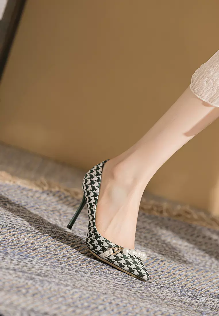 8.5CM Pearl Chain Pointy Plaid Pumps TE7198-7