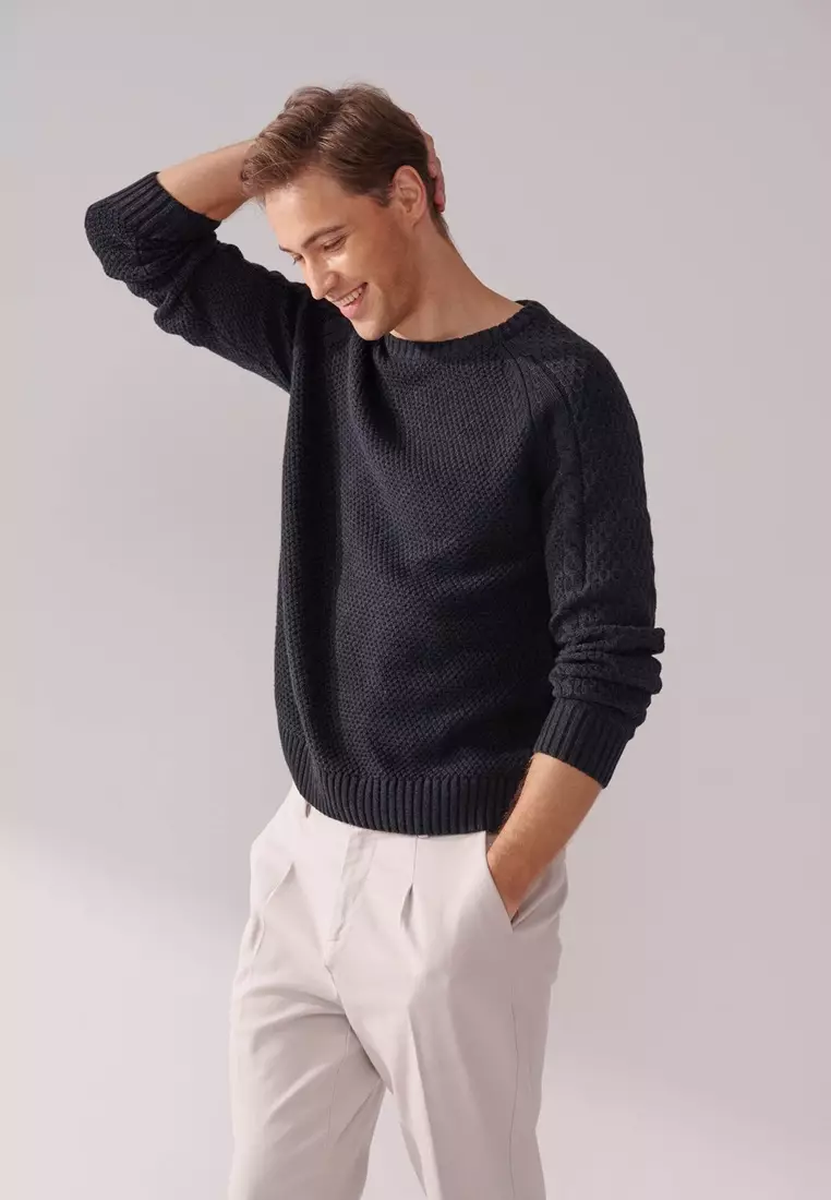Grey Cable-Knit Crew Neck Sweater