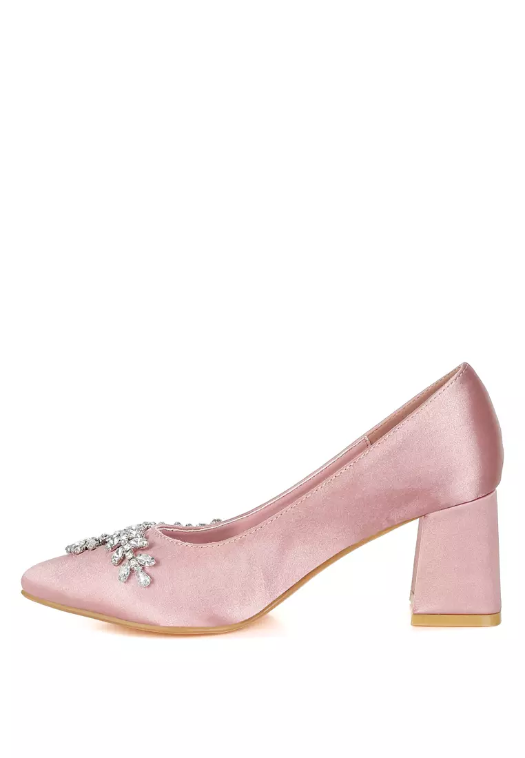 Satin Diamante Embellished Pumps in Blush