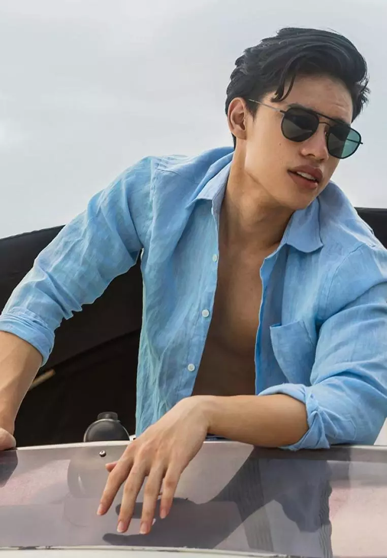 Aqua Blue Kemeja Linen Lengan Panjang Pria Biru | Linen Long Sleeve Shirt Men Blue