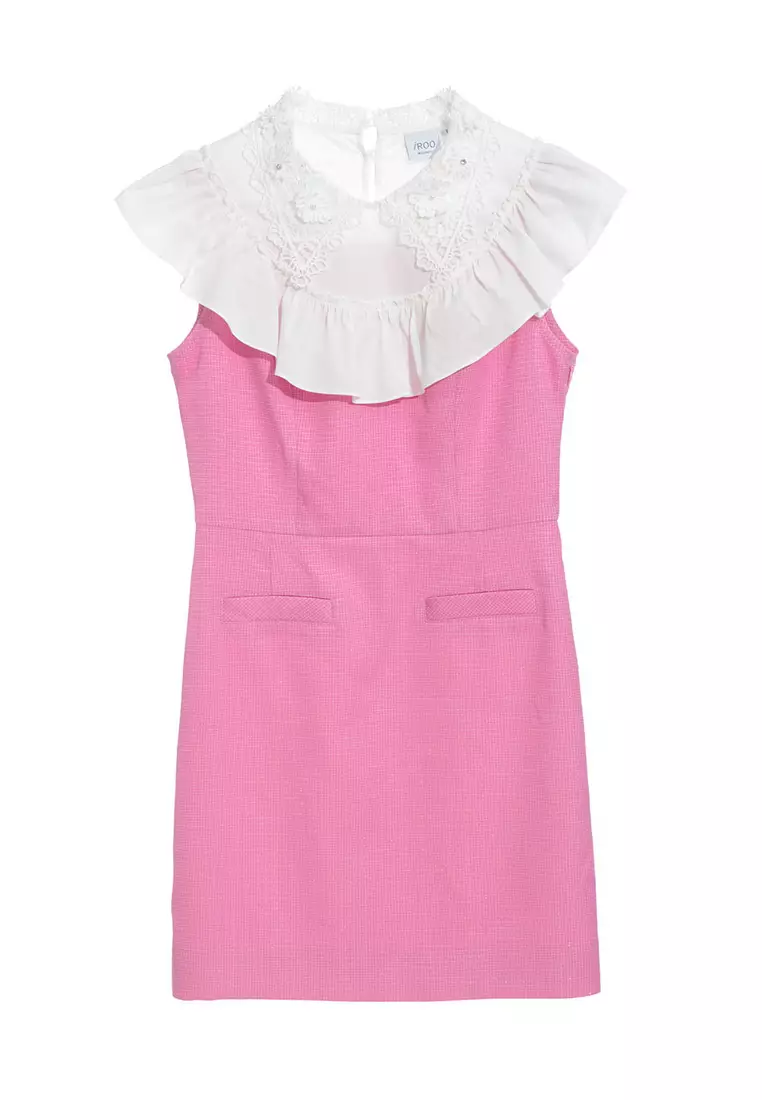 Fitted Pink Short Dress With Contrast Flounce Collar