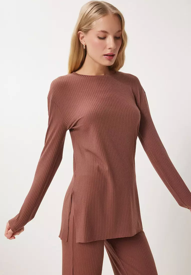 Comfortable Ribbed Knitted Blouse Trousers Set