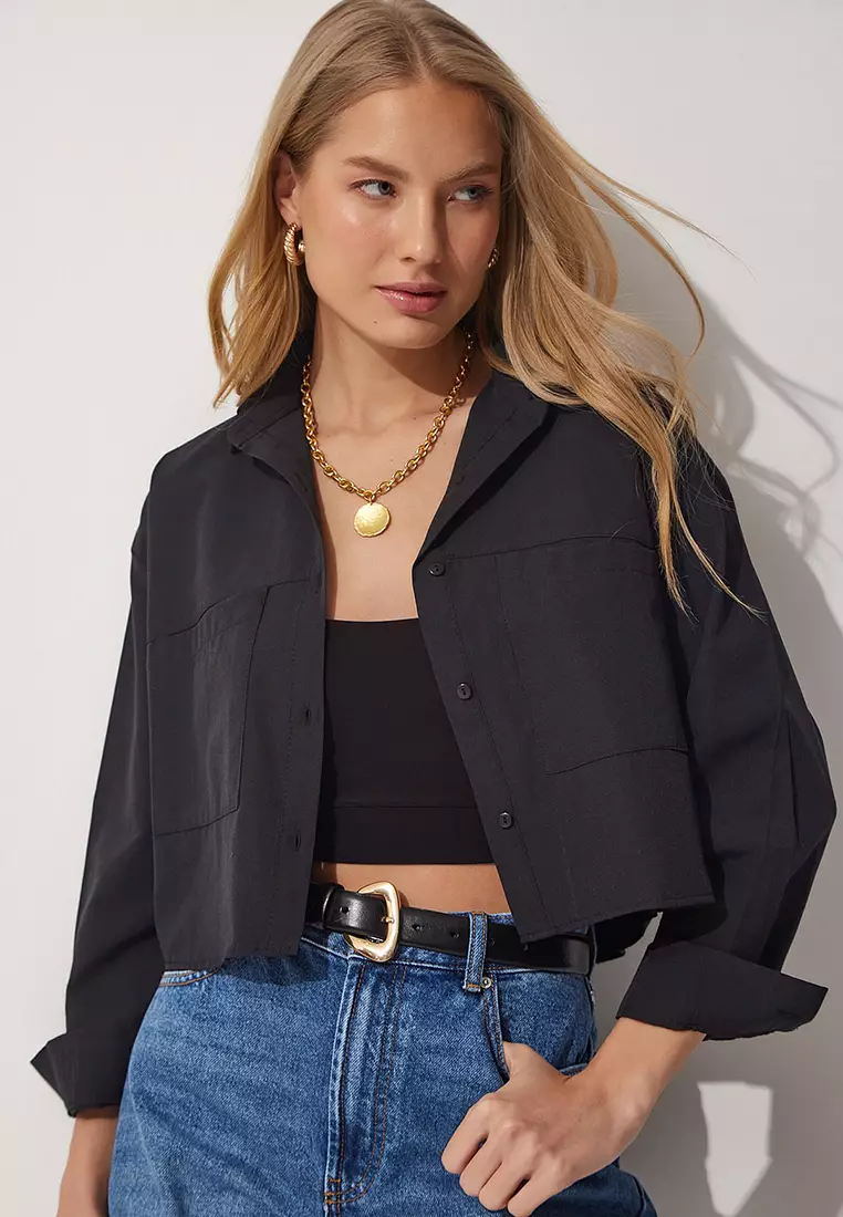 Oversized Crop Poplin Shirt with Pockets