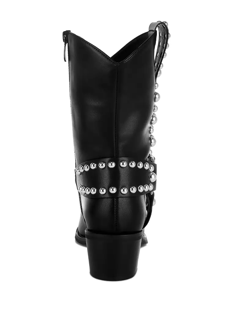 Studded Harness Detail Boots in Black