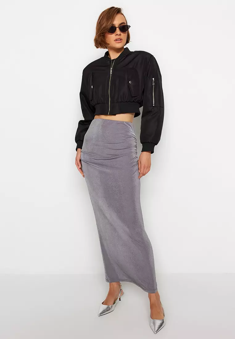 Glossy Finish and Soft Textured Drape Maxi Knitted Skirt