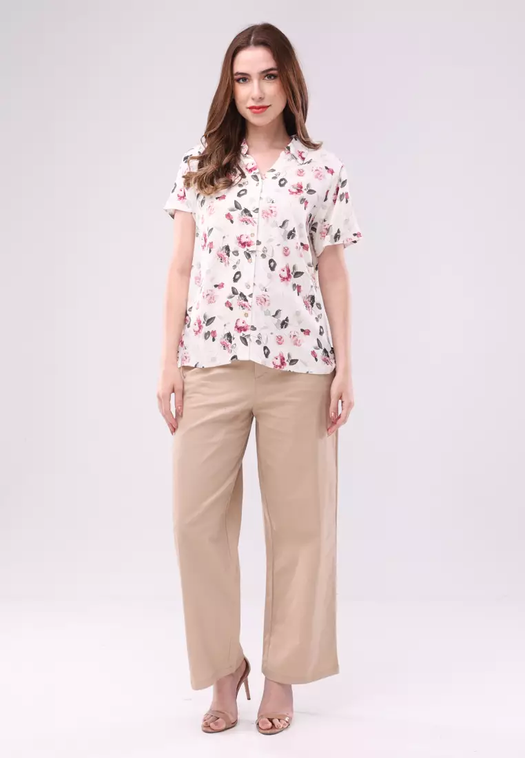 Woven Printed Soft Linen Short Sleeve Blouse