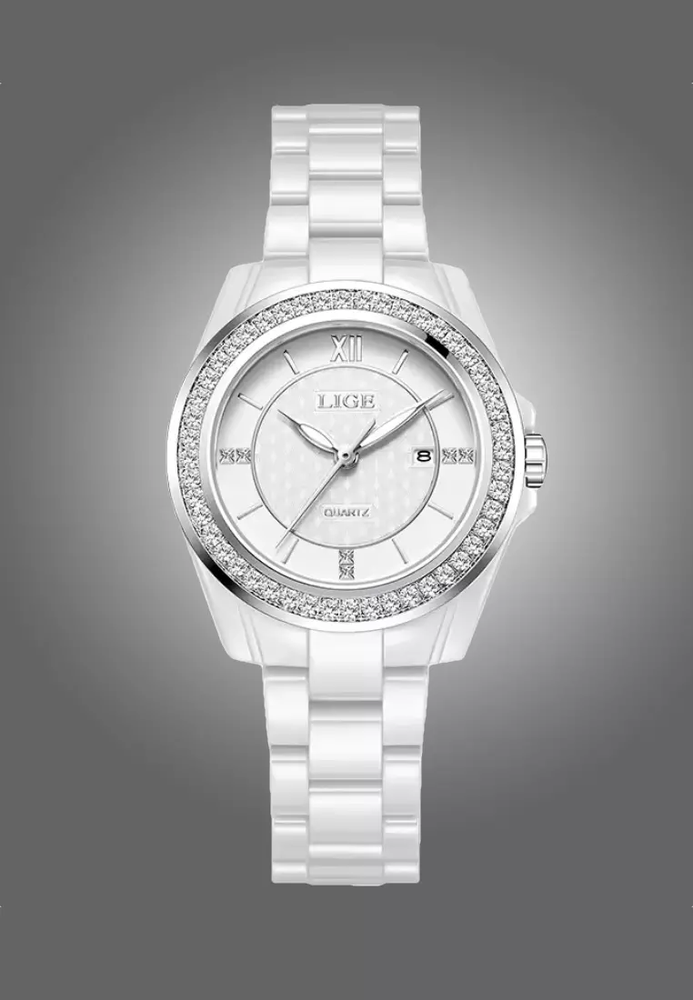 Ladies Alloy Quartz Watch, 32mm , Paved with Crystals, Ceramic Bracelet