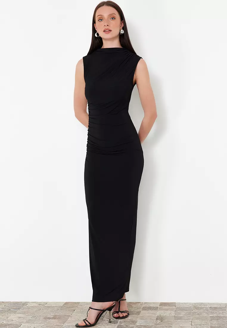 Draped High Neck Sleeveless Maxi Dress