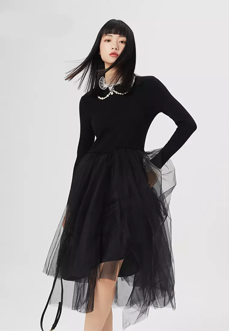 Asymmetric Mesh Spliced Knit Midi Dress