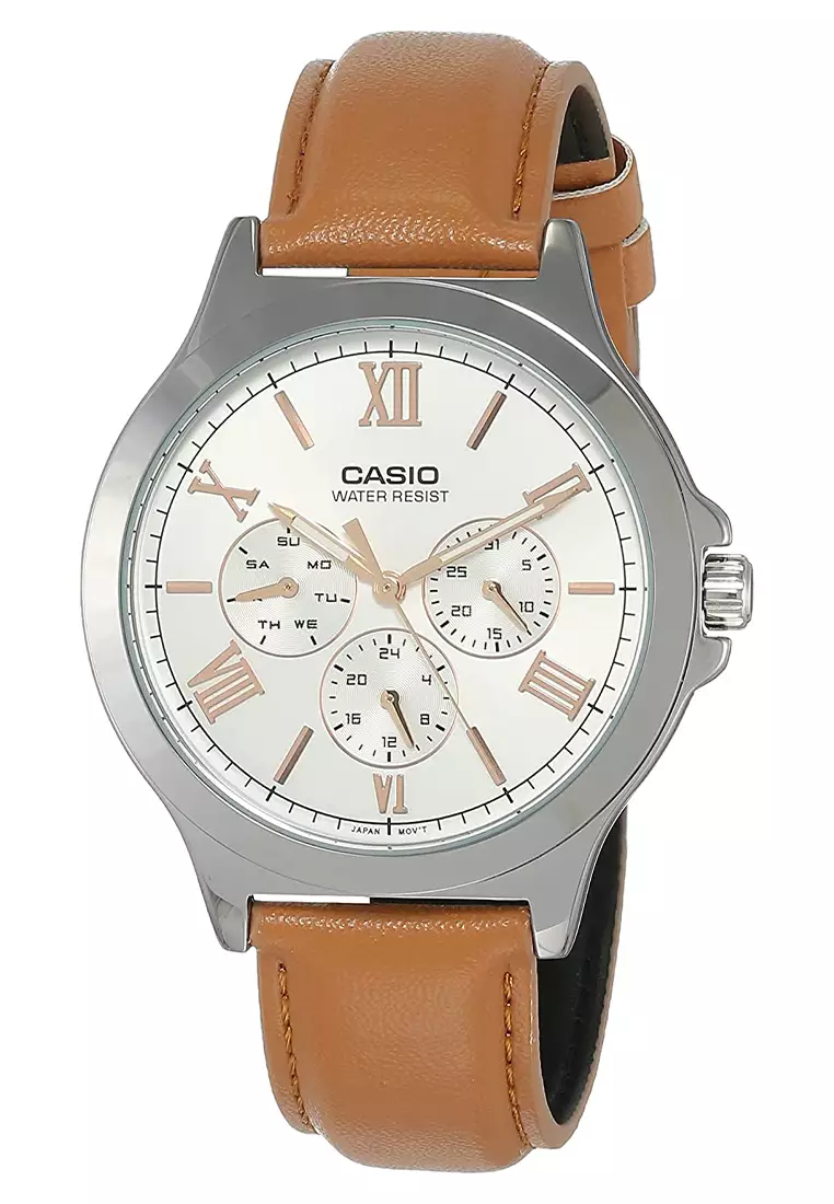Casio - Jam Tangan Pria - Silver - Brown Leather Strap - MTP-V300L-7A2UDF