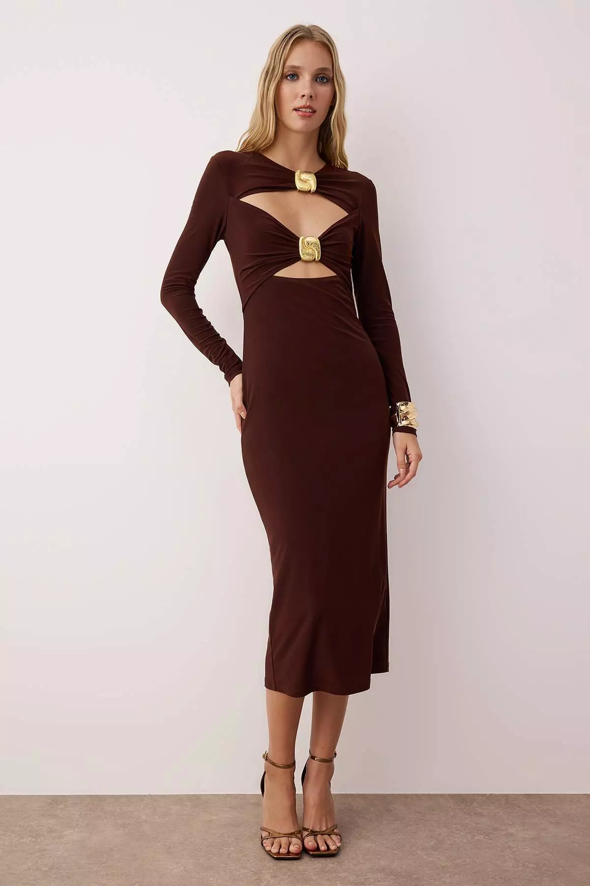 Brown Plain Accessory Detailed Knitted Sandy Midi Unlined Cocktail Dress
