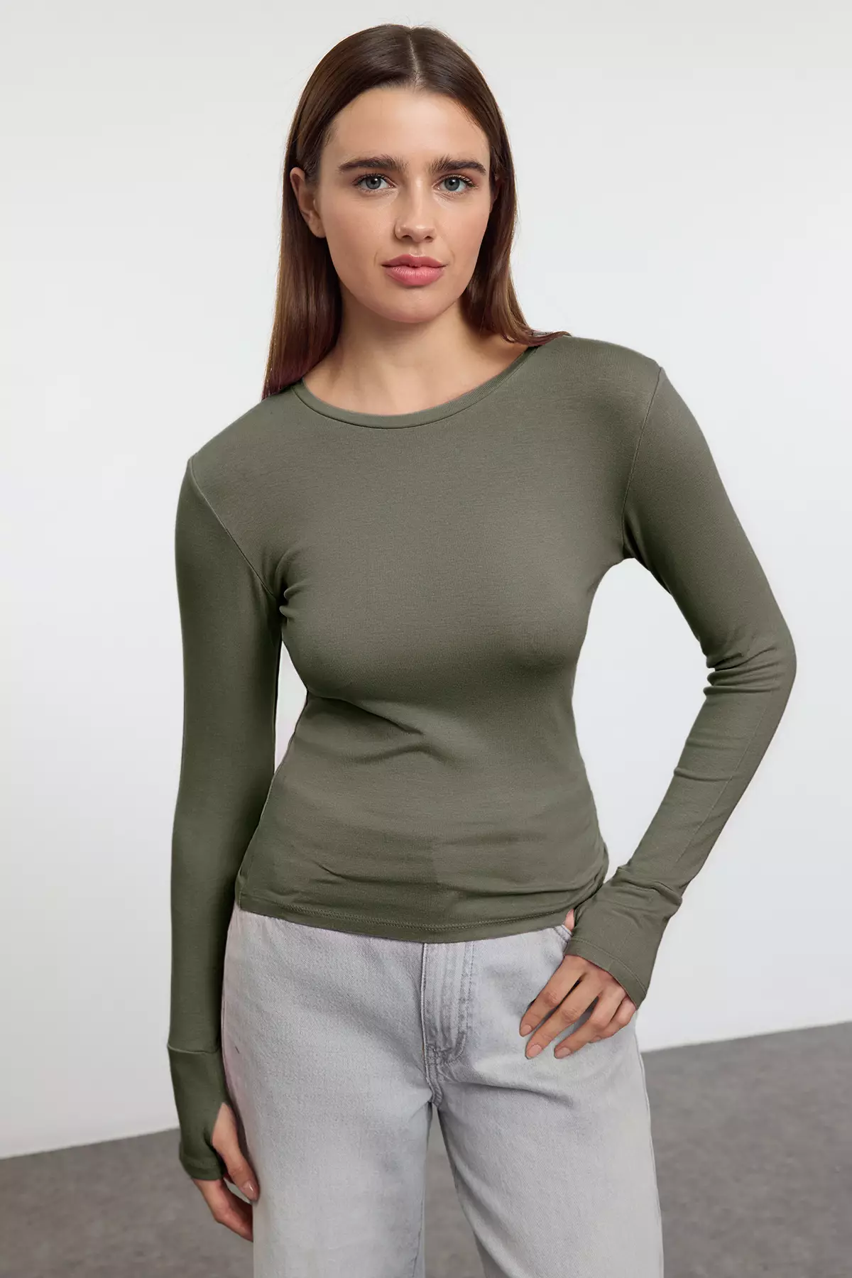 Khaki Viscose/Soft Fabric Finger-Touch Detailed Flexible Knitted Blouse