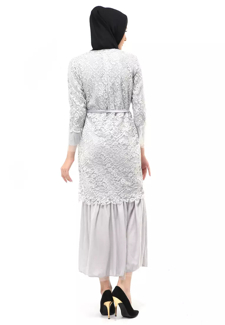 Selena Gamis Muslimah Wanita Motif Brukat Long Sleeve Regular Fit - Abu