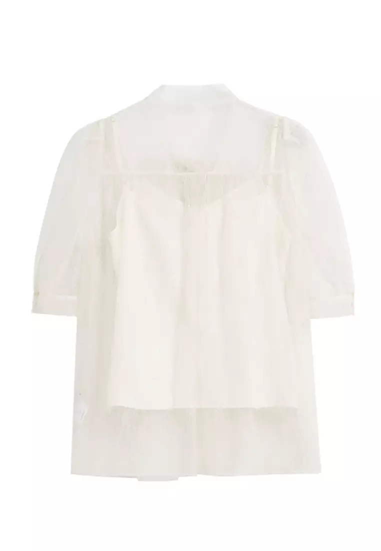Laced Pleated Blouse with Front Ribbon