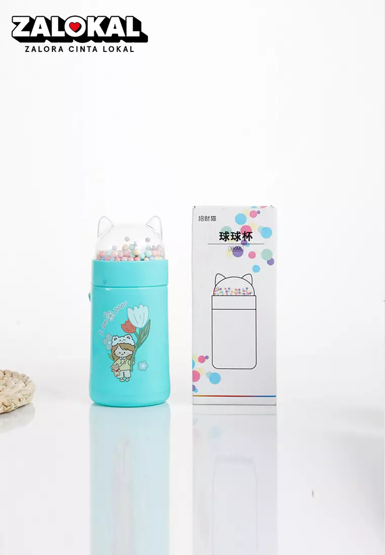 Wakakids Botol Minum Kaca Anak Food Grade Minimalis 350ml Tutup Karakter Kucing Lucu Bubble Warna Venrz Toska
