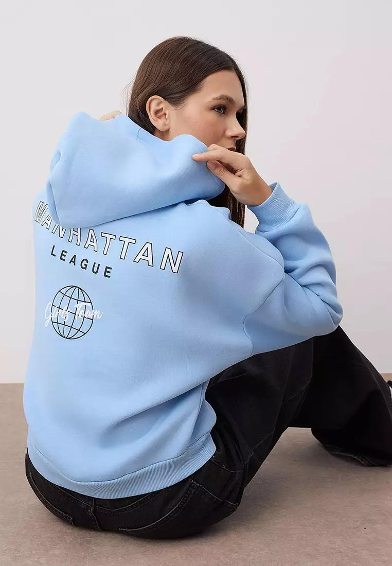 Light Blue Back Print Detailed Hooded Thick Fleece Knitted Sweatshirt