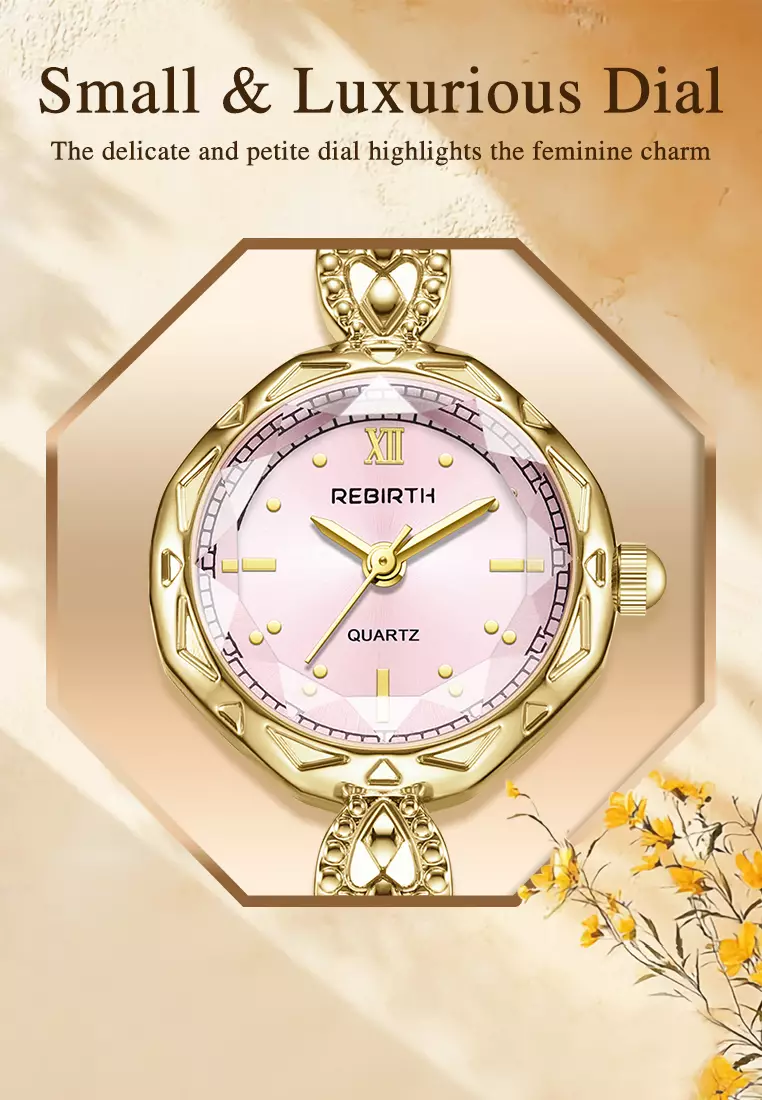 Jam Tangan Wanita Tali Mutiara Alloy Anti Air Quartz Elegan Warna Gold Pink