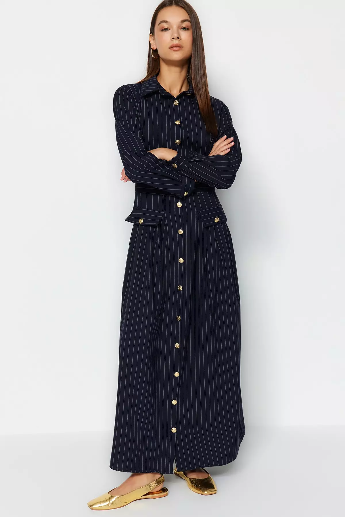 Navy blue dress best sale with gold buttons