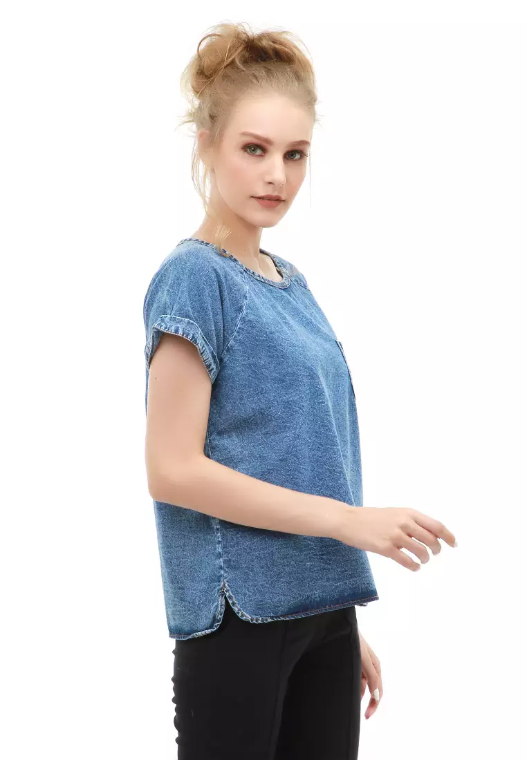 Cheva Blouse Jeans Wanita Kasual Lengan Pendek Model Saku Depan Material Denim ORIGINAL - Gray