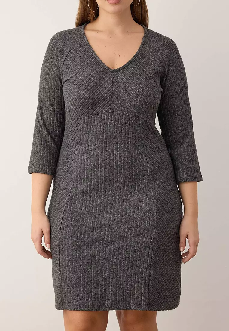 Buy Trendyol Anthracite Brushed Ribbed V-Neck Mini Knitted Plus Size ...