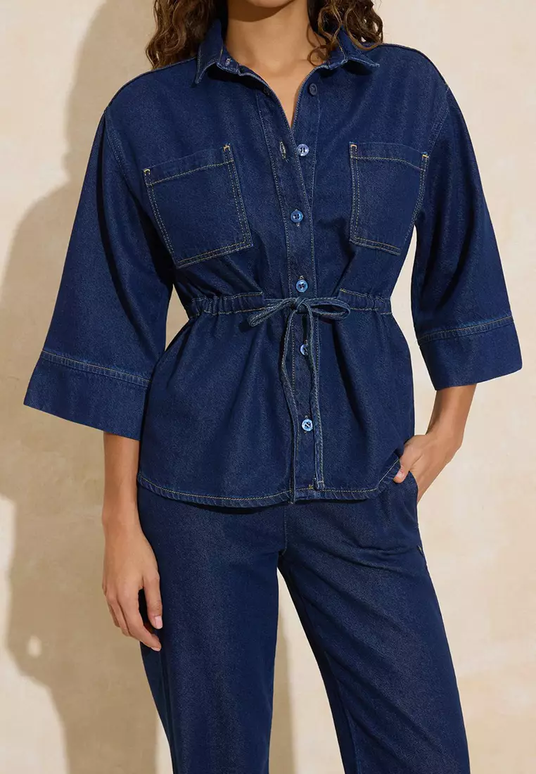 Dark Blue Waist-Tied Tencel Blended Denim Shirt Twoss26Go6