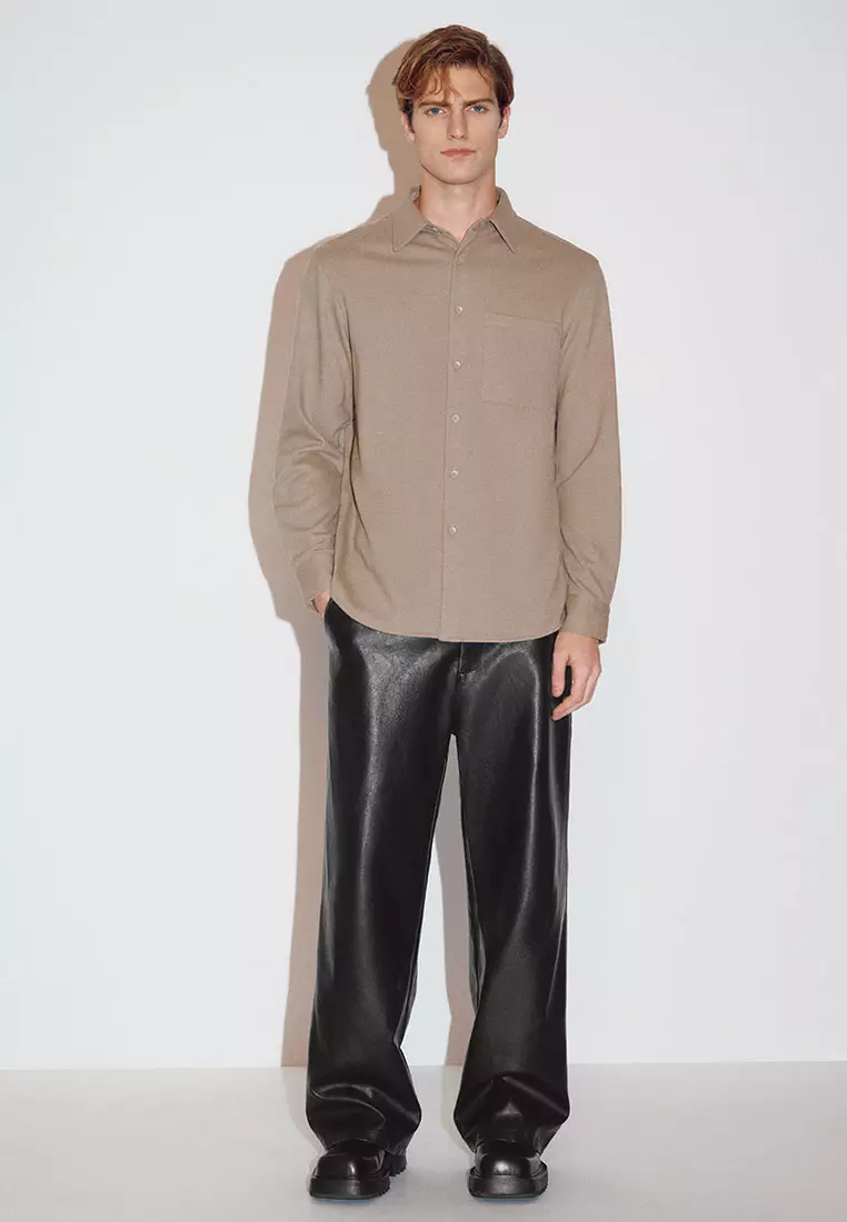 UR冬季新款男简约通勤纯色搭翻领长袖开襟衬衫UMF240082