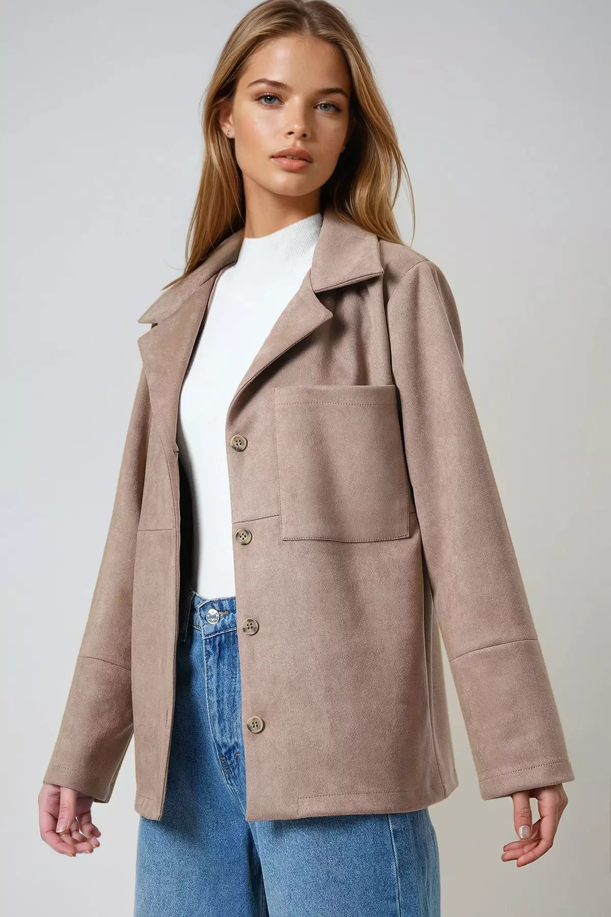 Mink Single Pocket Faux Suede Jacket With Stitching Detail Alc-X14404