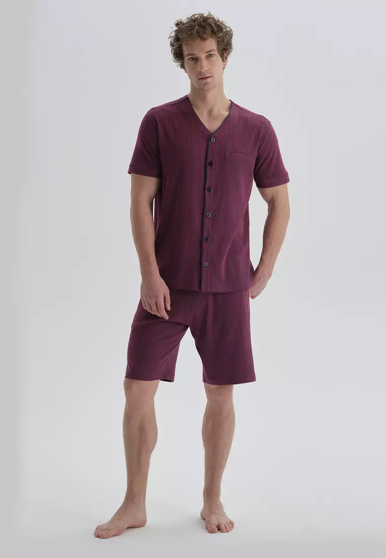 Bordeaux Short Pyjama Set, Striped, V-Neck, Regular Fit, Short Sleeve Homewear And Sleepwear for Men