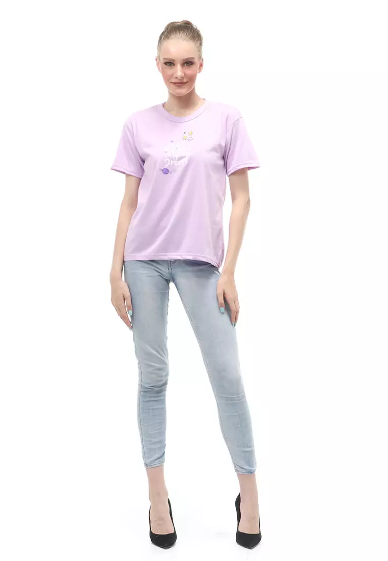 Heller Kaos Atasan Wanita Motif Print Short Sleeves Relaxed Fit - Lilac