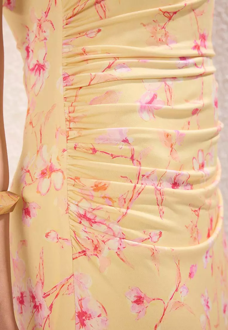 Orange Flower Printed Bright Surface Boat Rock Body-Hugging Stretchy Knitted Pencil Dress Twoss24El00528