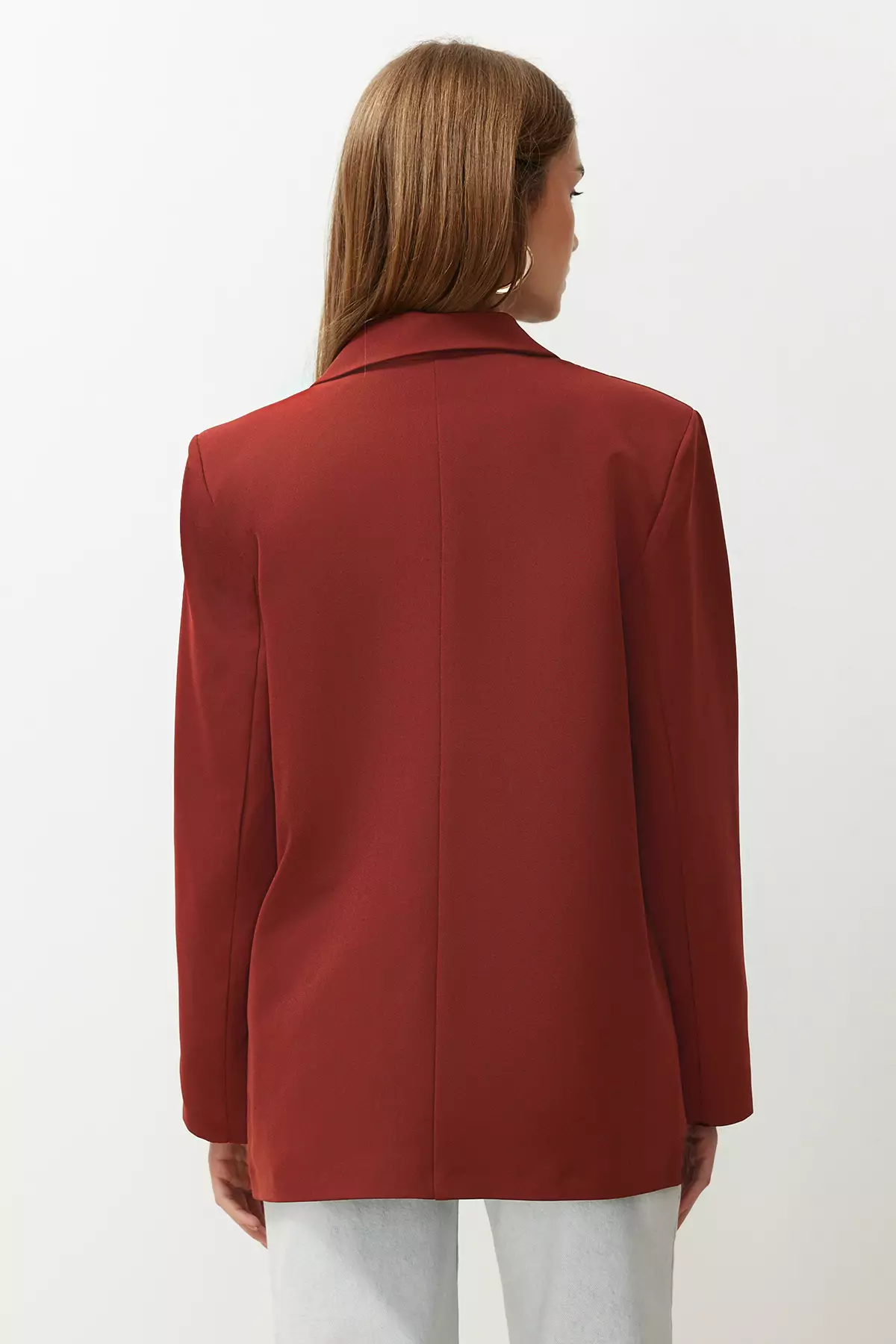 Burgundy Tile Oversize Straight Cut Basic Double-Breasted Woven Blazer Jacket Twoss24Bc28