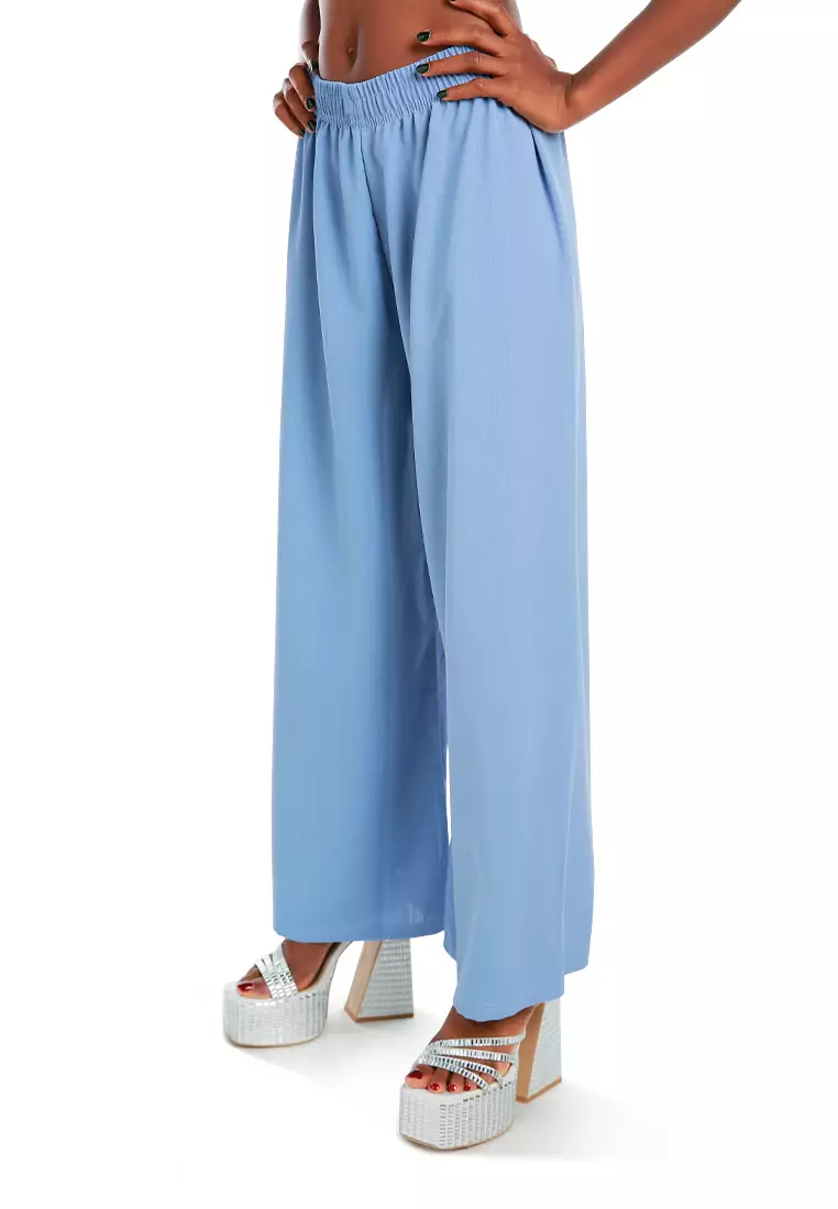 Blue High Waisted Solid Wide Trouser Pants
