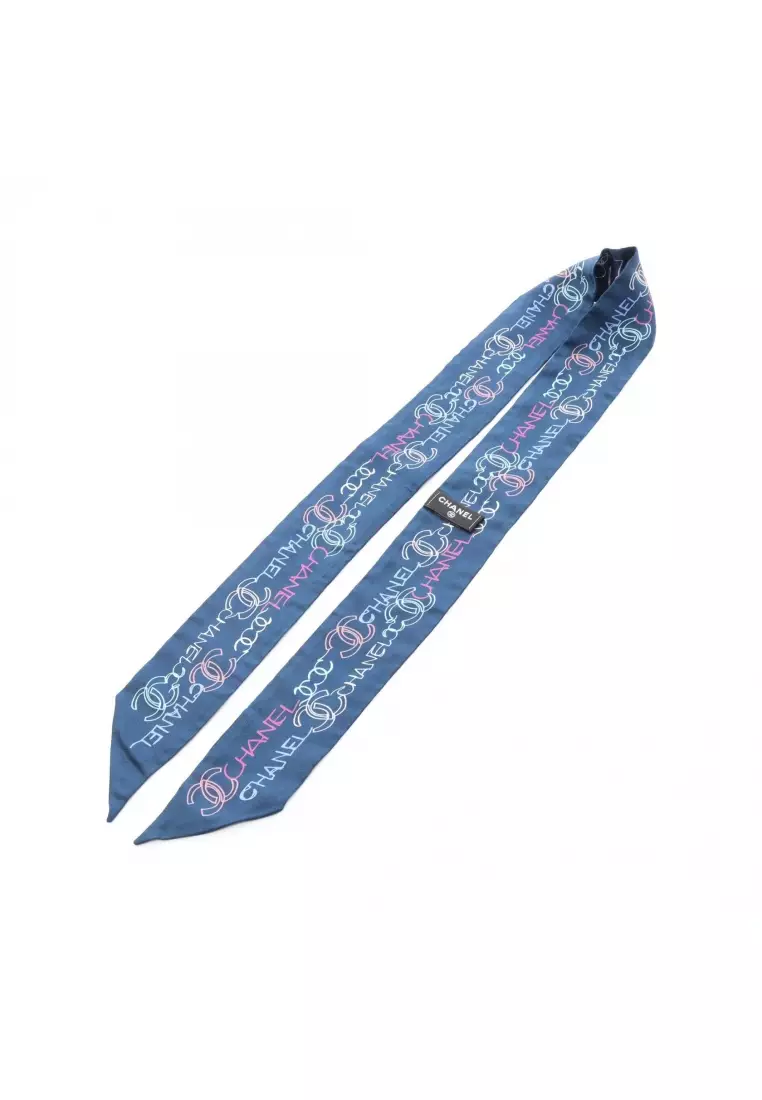 Pre-Loved Chanel coco mark all-over pattern scarf silk Navy multicolor