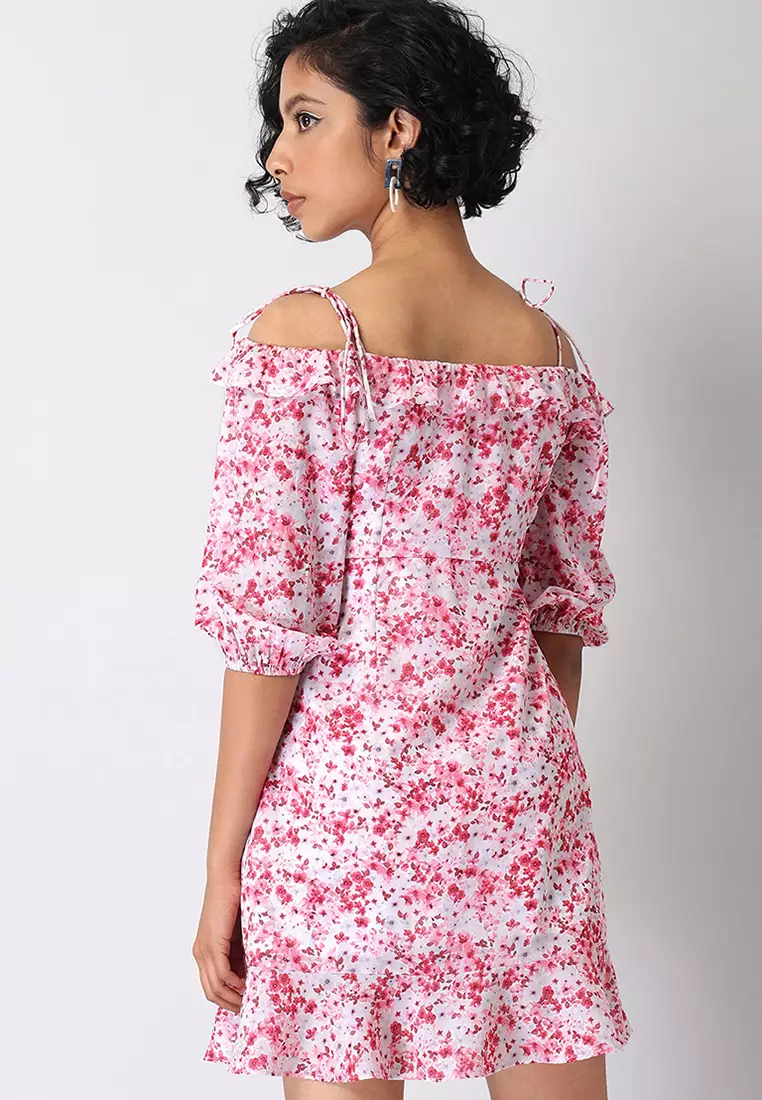 White floral clearance cold shoulder dress