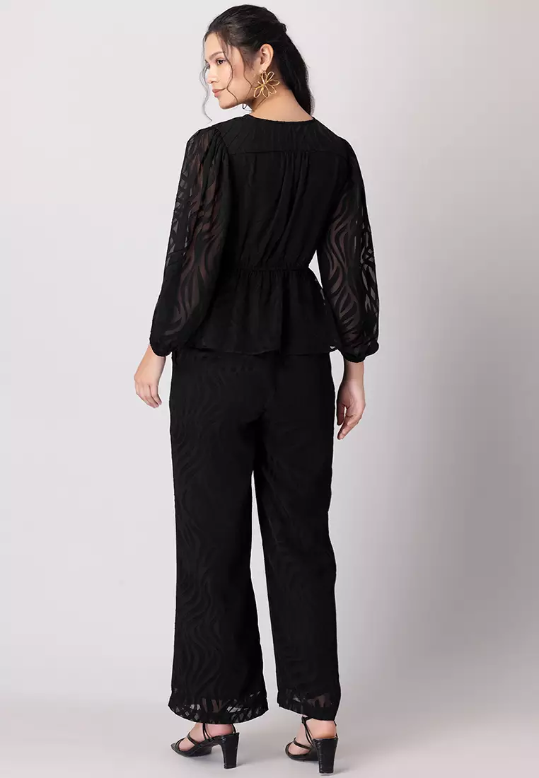 Black Peplum Wrap Top And Trousers Co-ord Set