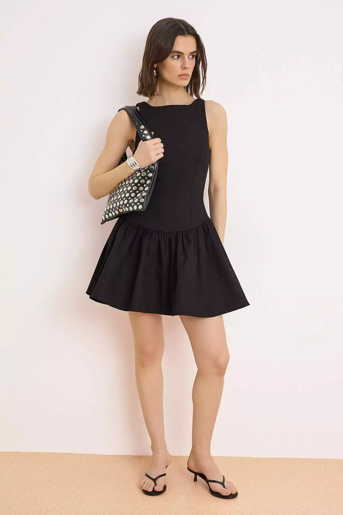 Black Plain Short / Mini Woven Dress Twoss25El865