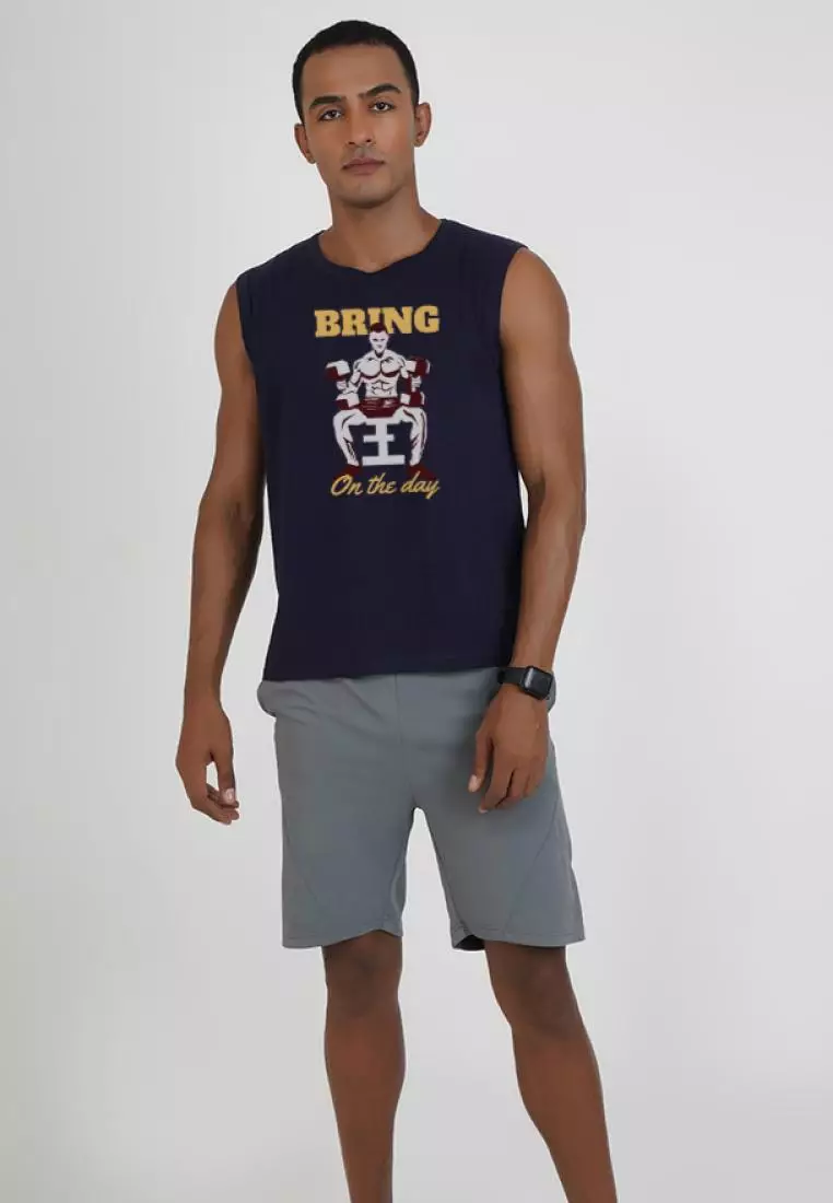 Bring On The Day 海军蓝色棉质无袖健身/训练背心