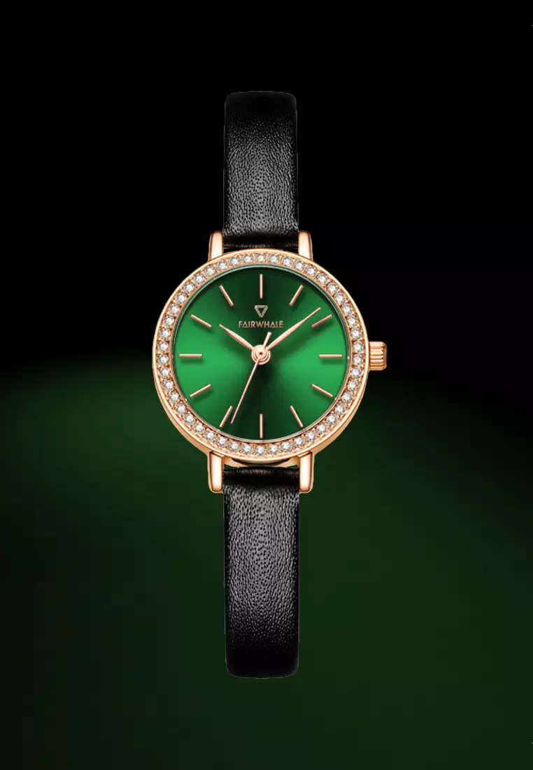Ladies IP Rose Gold and Stainless Steel Quartz Watch, 30mm Diameter, Black Leather Strap, Malachite Dial