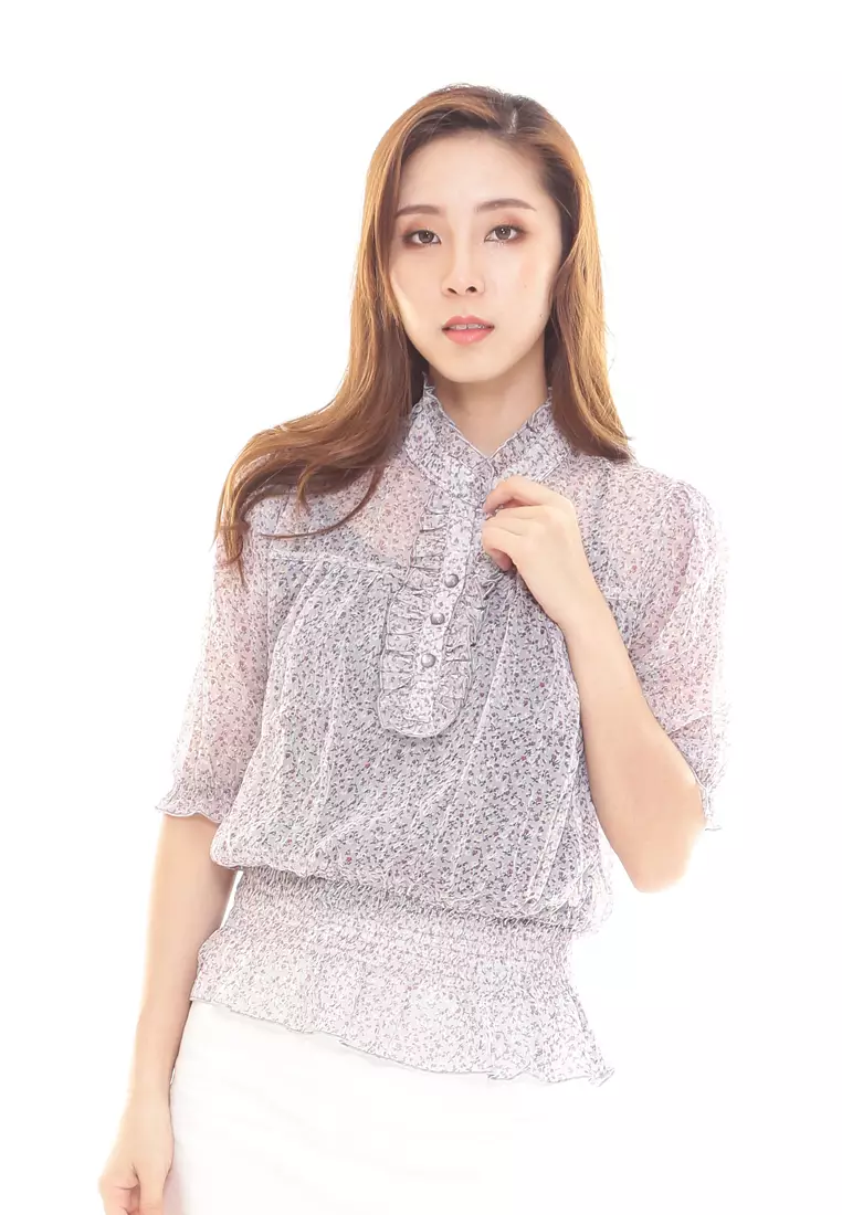 Ruffle Printed Collar Top in Blue Grey