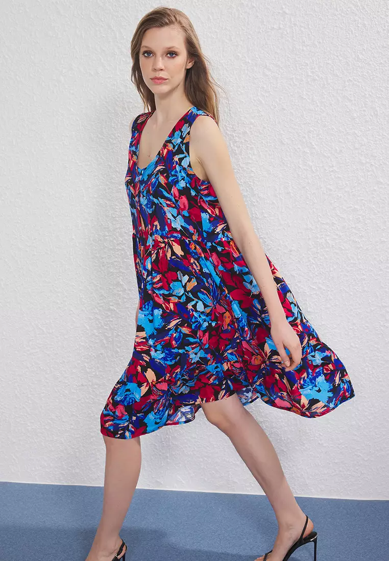 Blue Floral Midi Woven Dress TWOSS25EL00767