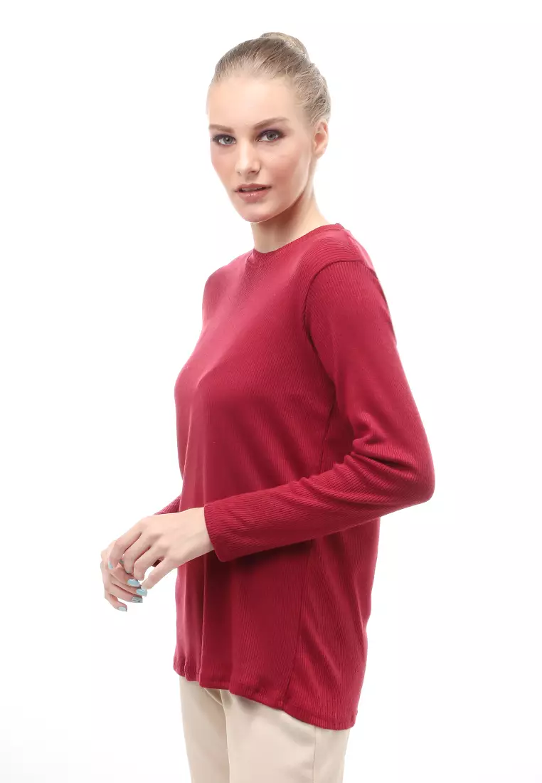 Briley Kaos Atasan Wanita Long Sleeves Motif Salur Relaxed Fit - Maroon