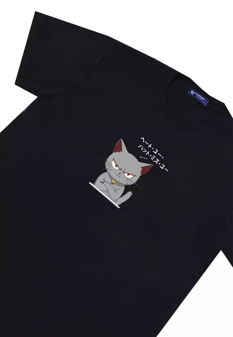 MTU11 Kaos Gambar Kucing Pria "cat quote" instacool lengan pendek hitam