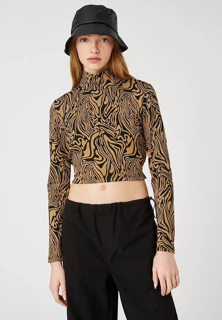 Half Turtleneck Long Sleeved T-Shirt with Crop Tie Detail