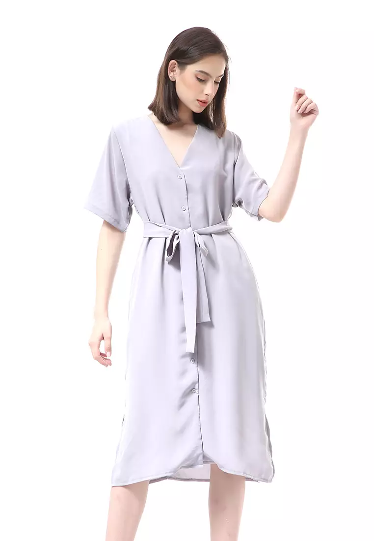 Rachel Midi Dress Wanita Lengan Pendek Full Kancing with Strap Pinggang Material Crepe ORIGINAL - Dusty Lilac