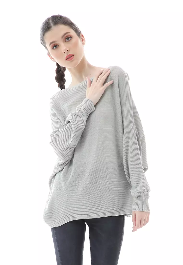 Eveline Sweater Rajut Batwing Atasan Wanita Motif Polos High Quality - Abu Muda