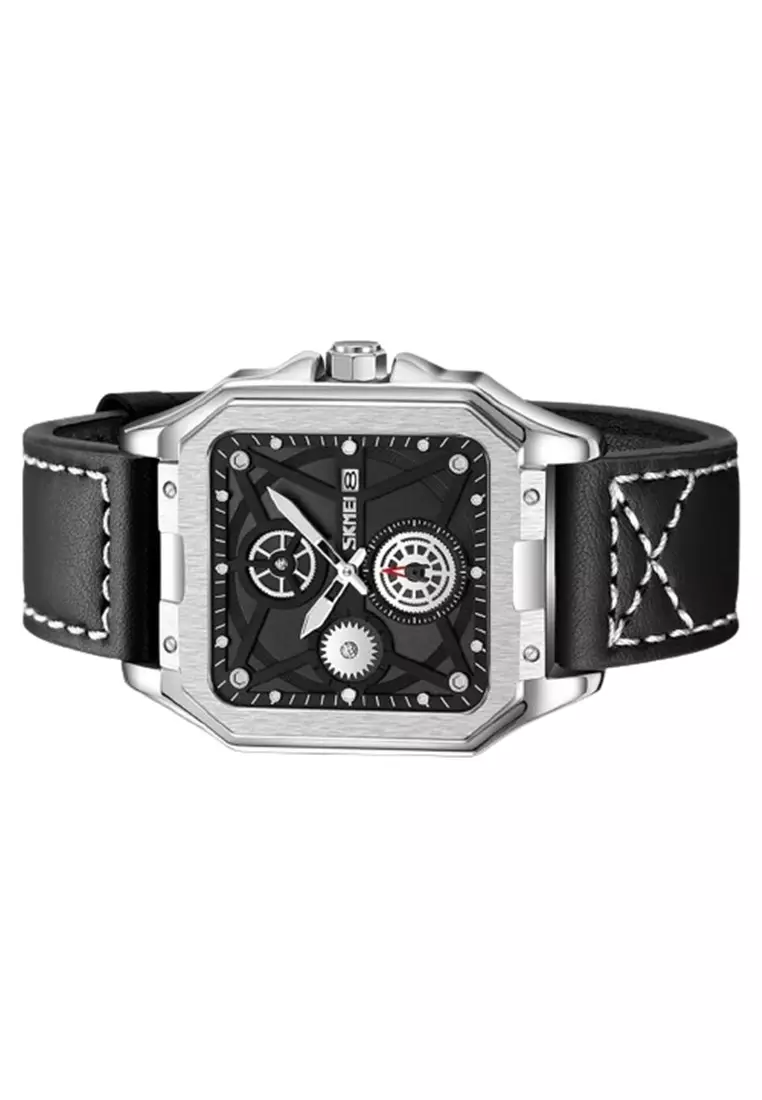 Jam Tangan Pria Analog Date SKMEI 9330 Fashion Leather Strap Tahan Air ORIGINAL - Silver Black